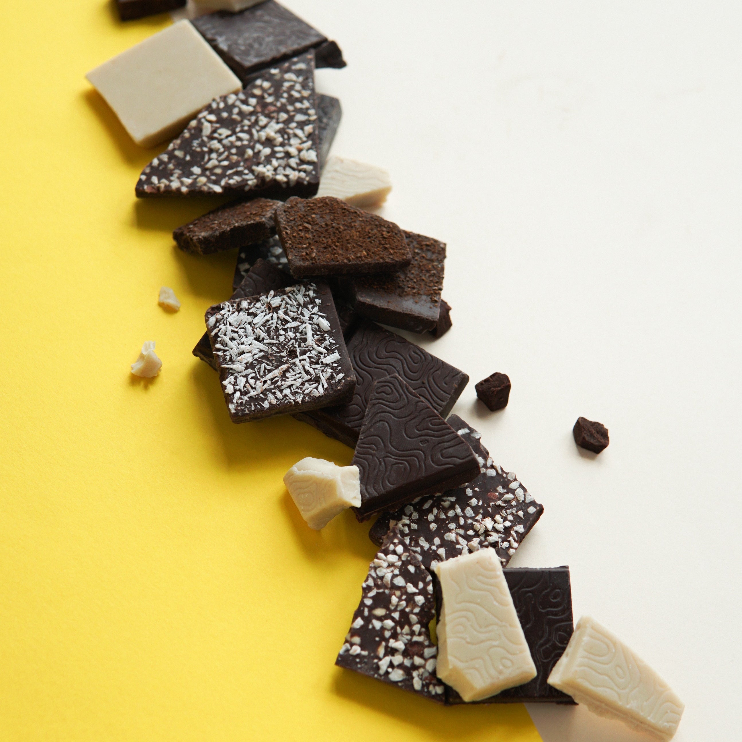 healthy chocolate squares with textures hazelnut, coconut, coffee and white